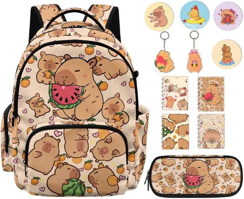 12 PCS Capybara Backpack with Pencil Case Lightweight Kids Backpacks with Adjustable Padded Straps Suitable for Elementary Middle School High School in Kuwait