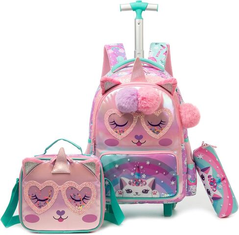 Rolling Backpack for Girls Kids Cat Trolley Suitcases Luggage with Wheels Bookbag Wheeled 3pcs Preschool Students Elementary Teenagers Lunch Box Pencil Case Purple for Age 5-10 in Saudi Arabia