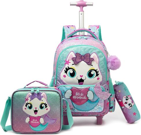 Rolling Backpack for Girls Kids Cat Trolley Suitcases Luggage with Wheels Bookbag Wheeled 3pcs Preschool Students Elementary Teenagers Lunch Box Pencil Case Purple for Age 5-10 in Saudi Arabia