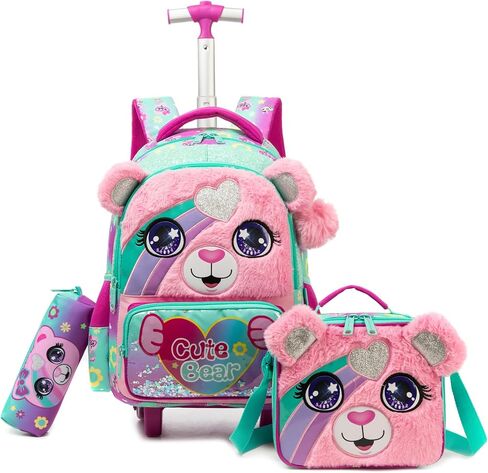 Rolling Backpack for Girls Kids Cat Trolley Suitcases Luggage with Wheels Bookbag Wheeled 3pcs Preschool Students Elementary Teenagers Lunch Box Pencil Case Purple for Age 5-10 in Saudi Arabia