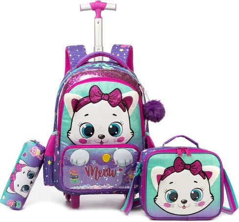 Rolling Backpack for Girls Kids Cat Trolley Suitcases Luggage with Wheels Bookbag Wheeled 3pcs Preschool Students Elementary Teenagers Lunch Box Pencil Case Purple for Age 5-10 in Saudi Arabia