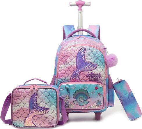 Rolling Backpack for Girls Kids Cat Trolley Suitcases Luggage with Wheels Bookbag Wheeled 3pcs Preschool Students Elementary Teenagers Lunch Box Pencil Case Purple for Age 5-10 in Saudi Arabia