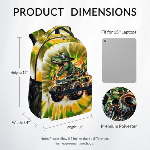 UNIKITTY Boys Dinosaur Backpack, 17 Inch Kids Truck School Bag for Preschool Kindergarten Elementary Polyester Bookbag with Multiple Compartments for Big Boys in Saudi Arabia