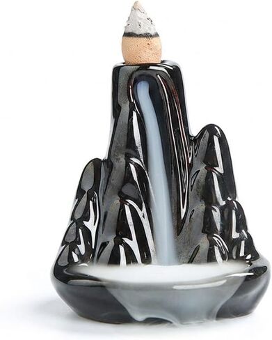 Handmade Ceramic Backflow Incense Holder - Waterfall Incense Burner Ornament, Mountain Design Aromatherapy Fountain for Home Decor, Yoga, Meditation & Office, Unique Zen Gifts (Black) in Saudi Arabia