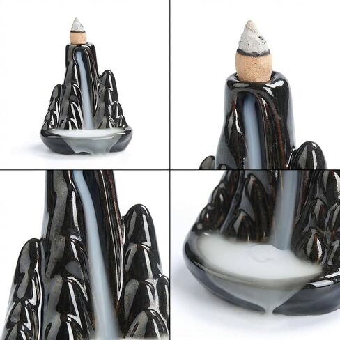 Handmade Ceramic Backflow Incense Holder - Waterfall Incense Burner Ornament, Mountain Design Aromatherapy Fountain for Home Decor, Yoga, Meditation & Office, Unique Zen Gifts (Black) in Saudi Arabia