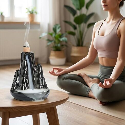 Handmade Ceramic Backflow Incense Holder - Waterfall Incense Burner Ornament, Mountain Design Aromatherapy Fountain for Home Decor, Yoga, Meditation & Office, Unique Zen Gifts (Black) in Saudi Arabia