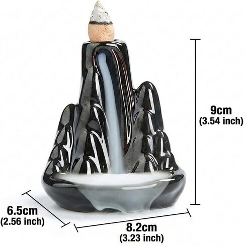 Handmade Ceramic Backflow Incense Holder - Waterfall Incense Burner Ornament, Mountain Design Aromatherapy Fountain for Home Decor, Yoga, Meditation & Office, Unique Zen Gifts (Black) in Saudi Arabia