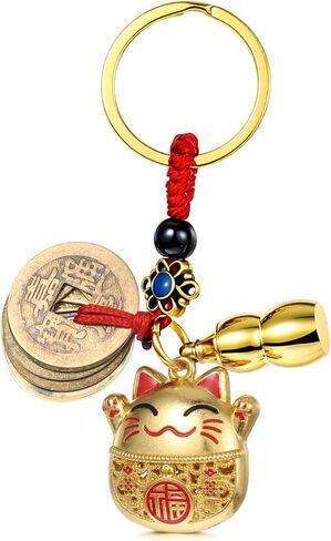 1 PCS Lucky Cat Keychain, 3.6 inch Japanese Keychain with Feng Shui Coins Lucky Cat Charm Vintage Buddha Statue Kitty Key Pendant for Women, Man(Gold) in Kuwait