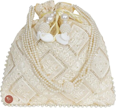 Assorted Chikankari Pattern Silk Potli with Moti Handle Royal Batwa Bag Bridal Purse Women clutch handbag in Kuwait