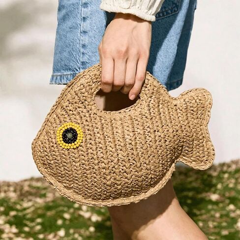 Fish Purse Clutch Straw Woven Fish Shaped Handbag Small Fun Bag Mini Novelty Tote for Women Summer Spring Beach in Kuwait