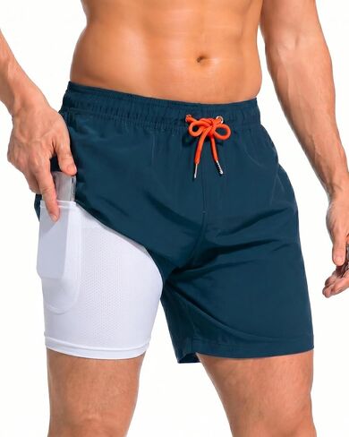 Mens Swim Trunks 2 in 1 Men Board Shorts Quick Dry 5 Inch Swim Suits Beach Short with Compression Mesh Lining in Kuwait