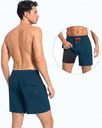 Mens Swim Trunks 2 in 1 Men Board Shorts Quick Dry 5 Inch Swim Suits Beach Short with Compression Mesh Lining in Kuwait