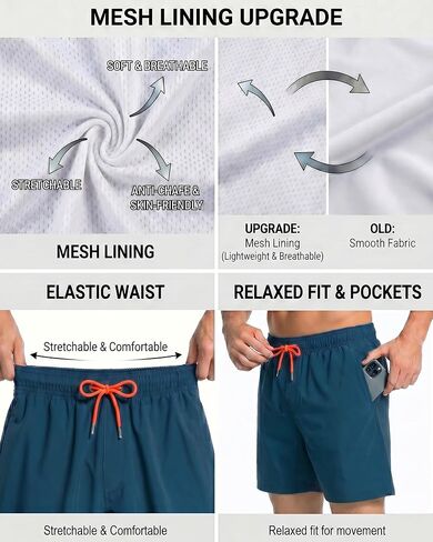 Mens Swim Trunks 2 in 1 Men Board Shorts Quick Dry 5 Inch Swim Suits Beach Short with Compression Mesh Lining in Kuwait