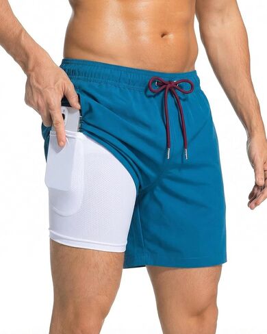 Mens Swim Trunks 2 in 1 Men Board Shorts Quick Dry 5 Inch Swim Suits Beach Short with Compression Mesh Lining in Kuwait