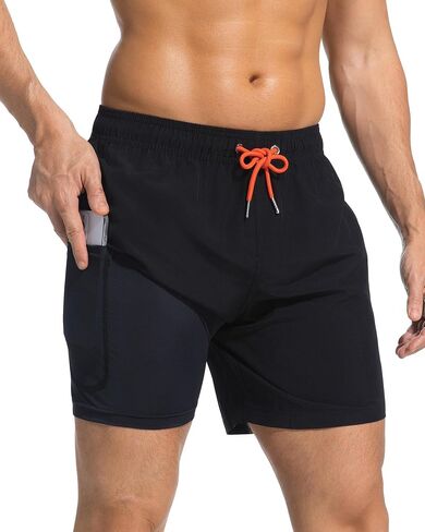 Mens Swim Trunks 2 in 1 Men Board Shorts Quick Dry 5 Inch Swim Suits Beach Short with Compression Mesh Lining in Kuwait