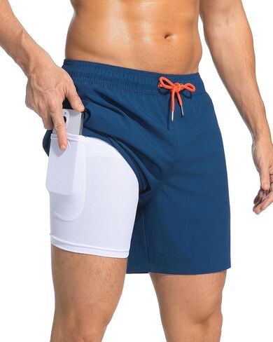 Mens Swim Trunks 2 in 1 Men Board Shorts Quick Dry 5 Inch Swim Suits Beach Short with Compression Mesh Lining in Kuwait