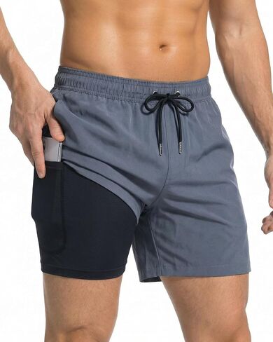 Mens Swim Trunks 2 in 1 Men Board Shorts Quick Dry 5 Inch Swim Suits Beach Short with Compression Mesh Lining in Kuwait