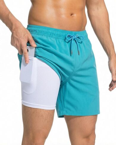Mens Swim Trunks 2 in 1 Men Board Shorts Quick Dry 5 Inch Swim Suits Beach Short with Compression Mesh Lining in Kuwait