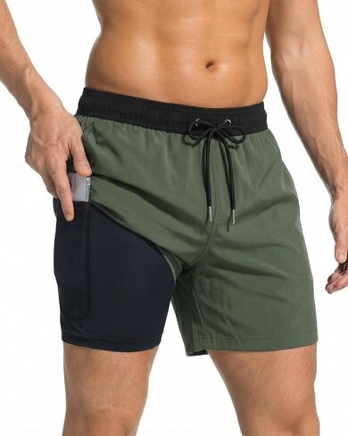 Mens Swim Trunks 2 in 1 Men Board Shorts Quick Dry 5 Inch Swim Suits Beach Short with Compression Mesh Lining in Kuwait