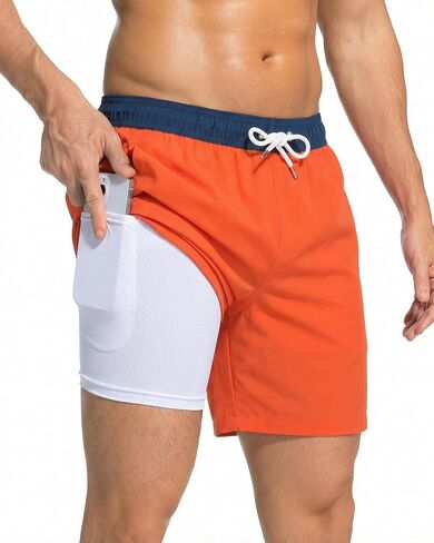 Mens Swim Trunks 2 in 1 Men Board Shorts Quick Dry 5 Inch Swim Suits Beach Short with Compression Mesh Lining in Kuwait