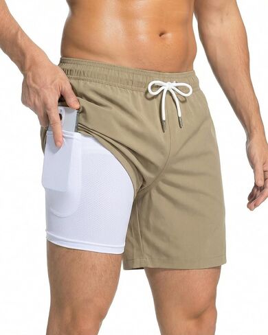 Mens Swim Trunks 2 in 1 Men Board Shorts Quick Dry 5 Inch Swim Suits Beach Short with Compression Mesh Lining in Kuwait