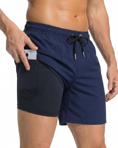 Mens Swim Trunks 2 in 1 Men Board Shorts Quick Dry 5 Inch Swim Suits Beach Short with Compression Mesh Lining in Kuwait