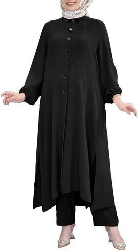 Women's Muslim 2 Pieces Sets Long Sleeve Button Down Shirt and Pants Abaya Casual Dress Dubai Outfits in Saudi Arabia