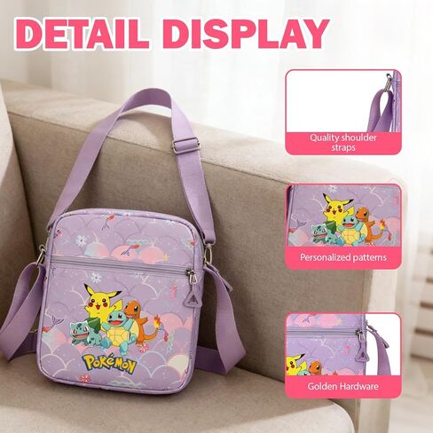Pokemon Crossbody Bag with Zipper, Cute Shoulder Bag with Adjustable shoulder straps, Anime Merch for Womens Birthday Gifts (Purple) in Saudi Arabia