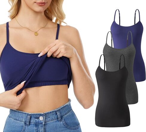 Rosyline 3 Piece Womens Cotton Camisole Built in Bra Tank Top Adjustable Spaghetti Strap Undershirt in Saudi Arabia