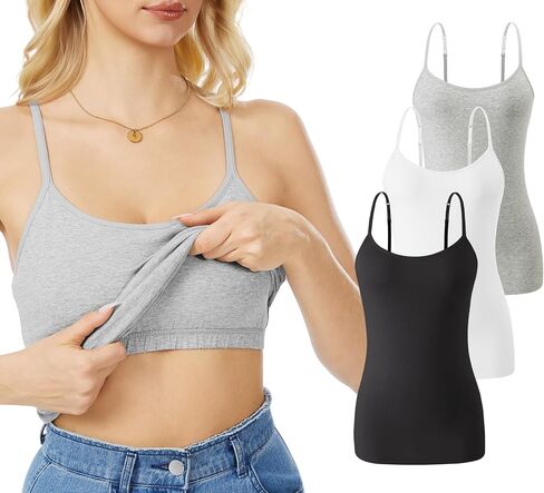 Rosyline 3 Piece Womens Cotton Camisole Built in Bra Tank Top Adjustable Spaghetti Strap Undershirt in Saudi Arabia