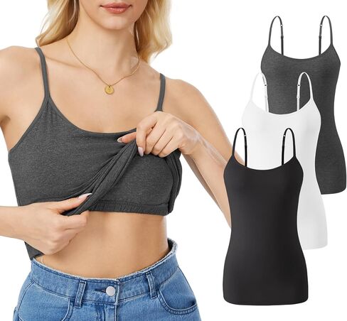 Rosyline 3 Piece Womens Cotton Camisole Built in Bra Tank Top Adjustable Spaghetti Strap Undershirt in Saudi Arabia