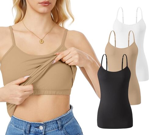 Rosyline 3 Piece Womens Cotton Camisole Built in Bra Tank Top Adjustable Spaghetti Strap Undershirt in Saudi Arabia