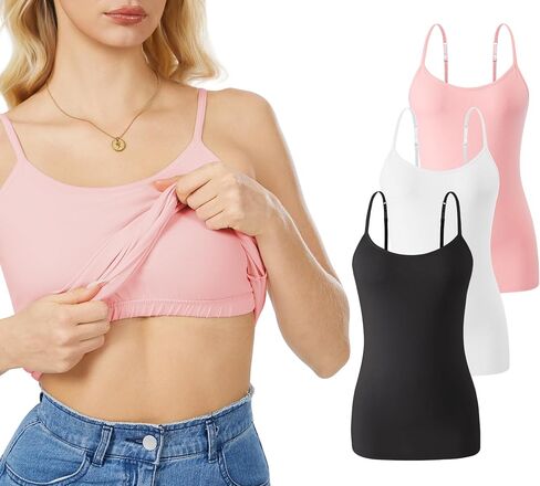 Rosyline 3 Piece Womens Cotton Camisole Built in Bra Tank Top Adjustable Spaghetti Strap Undershirt in Saudi Arabia