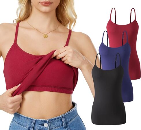Rosyline 3 Piece Womens Cotton Camisole Built in Bra Tank Top Adjustable Spaghetti Strap Undershirt in Saudi Arabia