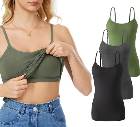 Rosyline 3 Piece Womens Cotton Camisole Built in Bra Tank Top Adjustable Spaghetti Strap Undershirt in Saudi Arabia