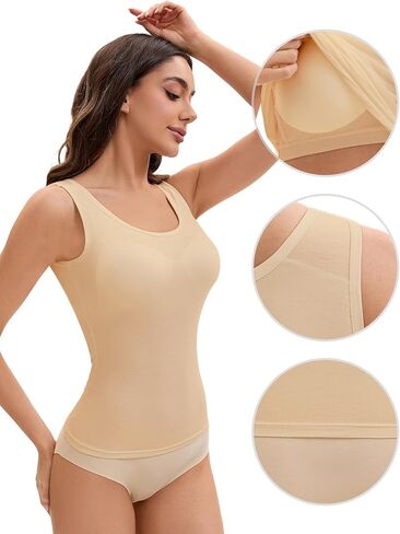 Women's Wide Strap Camisoles with Built-in Padded Bras Casual Tank Tops Small Beige in Kuwait