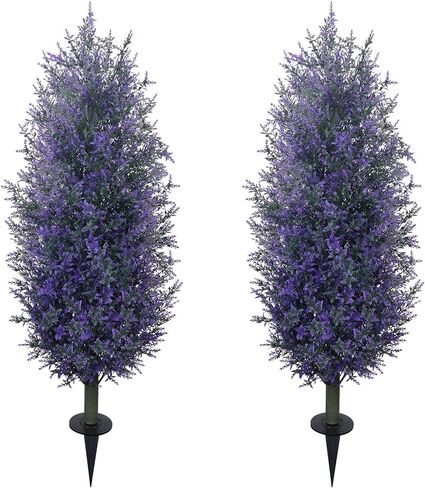 GTIDEA Artificial Purple Lavender Topiary Tree with Ground Spike, Artificial Outdoor Plants Fake Bushes UV Resistant Faux Shrubs Fade Proof for Outdoor Garden Front Decor, 2 Pack 4FT in Kuwait