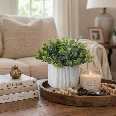 Set of 2 Small Artificial Eucalyptus Plants in Ceramic Pots - 9.5" Realistic Faux Greenery Potted Plants for Indoor Home Decor, Shelf, Office Desk, Bathroom & Table in Saudi Arabia
