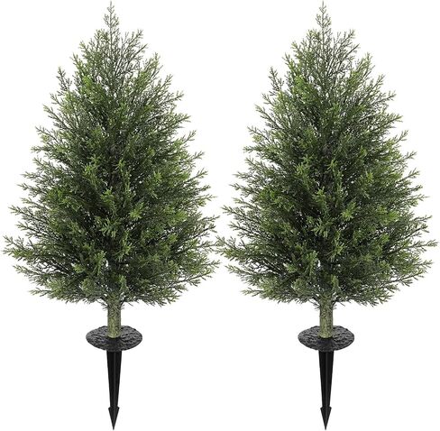 Hollyone Artificial Cedar Topiary Trees with Ground Spike, 2 Pack 32" Fake Pine Shrubs Bushes Trees Faux Cypress Plants for Indoor Outdoor Planters Front Porch Garden Decor UV Resistant in Kuwait
