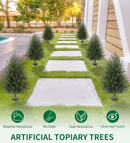 Hollyone Artificial Cedar Topiary Trees with Ground Spike, 2 Pack 32" Fake Pine Shrubs Bushes Trees Faux Cypress Plants for Indoor Outdoor Planters Front Porch Garden Decor UV Resistant in Kuwait