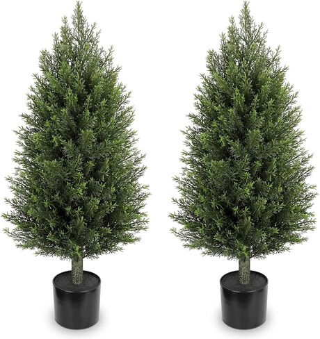 Hollyone Artificial Cedar Topiary Trees with Ground Spike, 2 Pack 32" Fake Pine Shrubs Bushes Trees Faux Cypress Plants for Indoor Outdoor Planters Front Porch Garden Decor UV Resistant in Kuwait