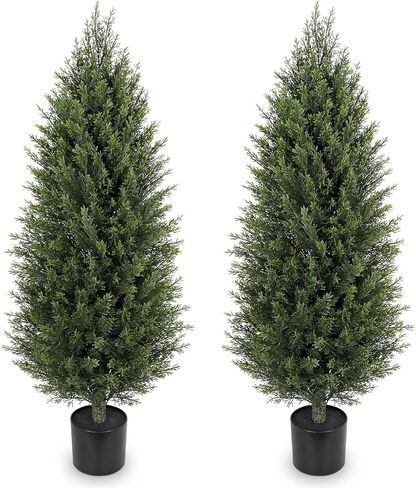 Hollyone Artificial Cedar Topiary Trees with Ground Spike, 2 Pack 32" Fake Pine Shrubs Bushes Trees Faux Cypress Plants for Indoor Outdoor Planters Front Porch Garden Decor UV Resistant in Kuwait