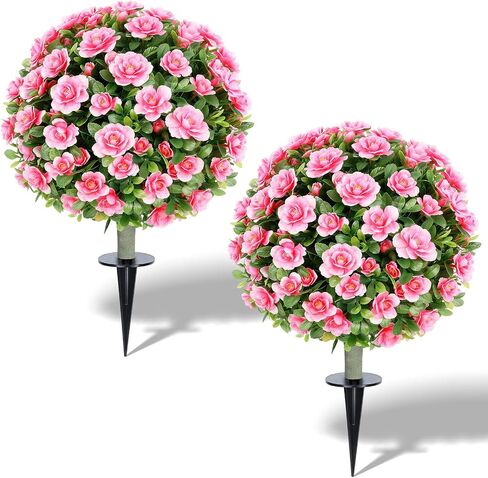 2 Pack Violet Blossom Topiary Ball Trees, 23.6" UV Resistant Artificial Flowers Outdoors Faux Shrubs with Ground Spike for Front Porch, Patio, Garden & Entryway Decor in Saudi Arabia