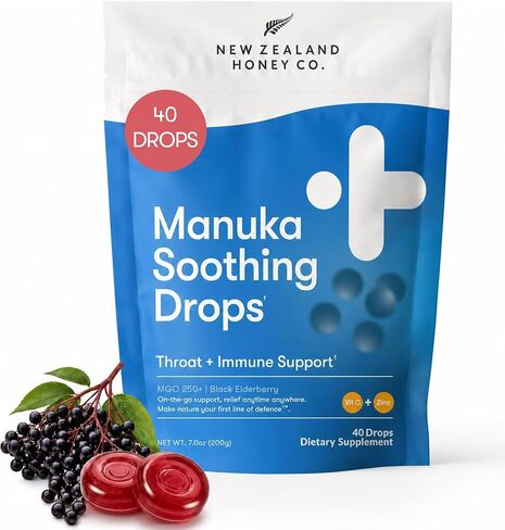 New Zealand Honey Co. Manuka Honey Cough Drops with Elderberry, Vitamin C & Zinc - Sore Throat & Dry Mouth Lozenges MGO 250+ - 40 Individually Wrapped Family Value Pack in Kuwait