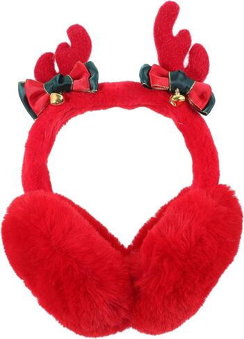 Housoutil Christmas Reindeer Antler Earmuffs Red Plush Winter Ear Warmers for Boys, Windproof Ear Protectors, Diameter 13cm, Holiday Cold Weather Accessories in Kuwait