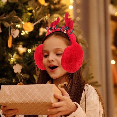 Housoutil Christmas Reindeer Antler Earmuffs Red Plush Winter Ear Warmers for Boys, Windproof Ear Protectors, Diameter 13cm, Holiday Cold Weather Accessories in Kuwait