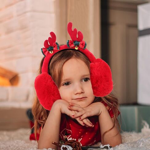 Housoutil Christmas Reindeer Antler Earmuffs Red Plush Winter Ear Warmers for Boys, Windproof Ear Protectors, Diameter 13cm, Holiday Cold Weather Accessories in Kuwait