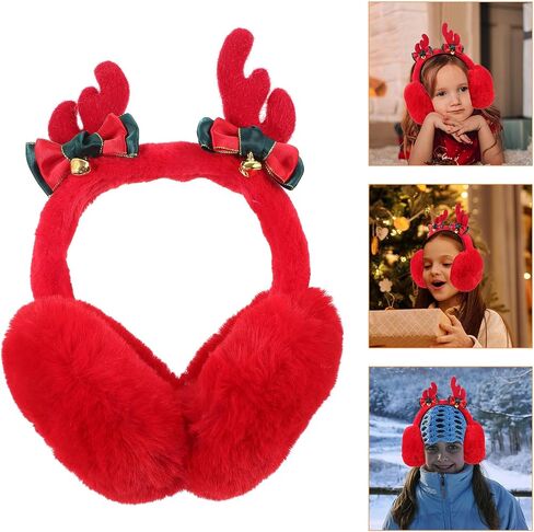 Housoutil Christmas Reindeer Antler Earmuffs Red Plush Winter Ear Warmers for Boys, Windproof Ear Protectors, Diameter 13cm, Holiday Cold Weather Accessories in Kuwait
