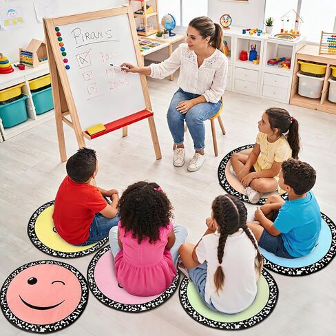 6Pcs Smile Face Carpet Circle Seats for Classroom 16 Inch Composition Notebook Classroom Rug Pastel Round Floor Mat Educational Non Slip Cushion Decor for Preschool Kindergarten Learning Playing Areas in Kuwait