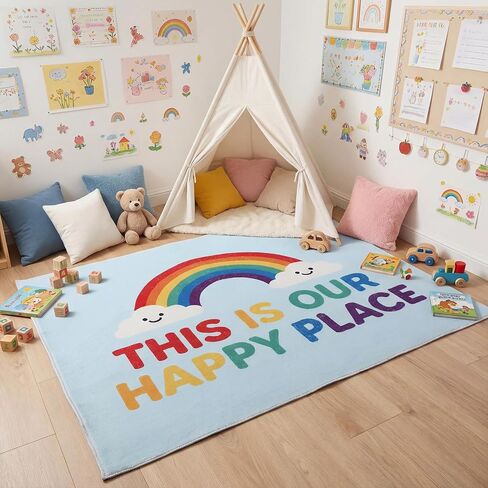 Breling 4 x 3.2 ft Rainbow Calming Corner Rug, This is Our Happy Place Non-Slip Reading Corner Emotion Soft Fluffy Mental Health Area Rug for Playroom, Nursery, Classroom Decor in Saudi Arabia